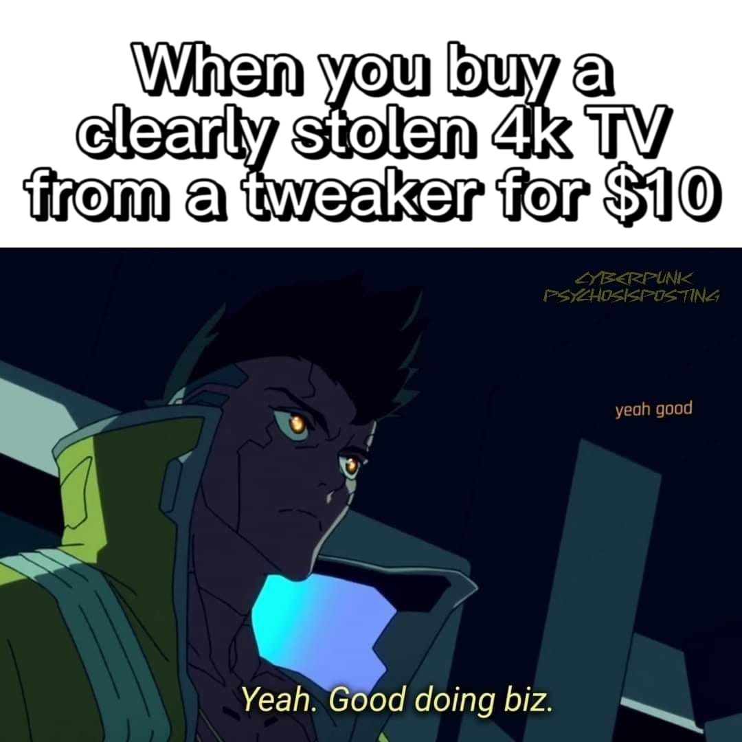 This meme is a humorous take on a situation where someone buys a 4K TV from a seller who is not a legitimate retailer, and the buyer is upset that the TV is not a 4K TV at all, but a lower-quality TV. The text "When you buy a 4K TV from a tweaker for $10" sets the scene. The image is a screenshot from the anime series "Ergo  —  " with a character saying "Yeah, good job" in response to the situation, implying that the buyer got what they paid for.
